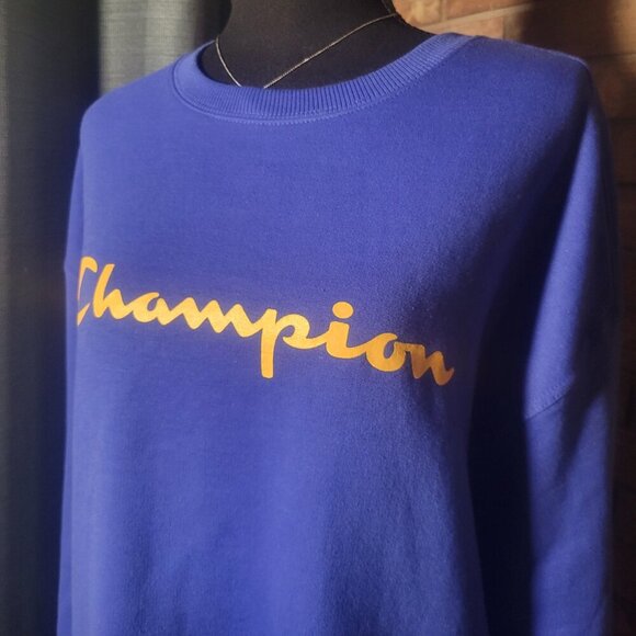 Champion Reverse Weave Crewneck Sweatshirt - Women's Blue w/Yellow Print - 2XL - Picture 2 of 9